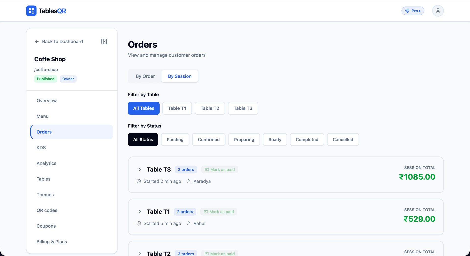 TablesQR dashboard: Live Orders